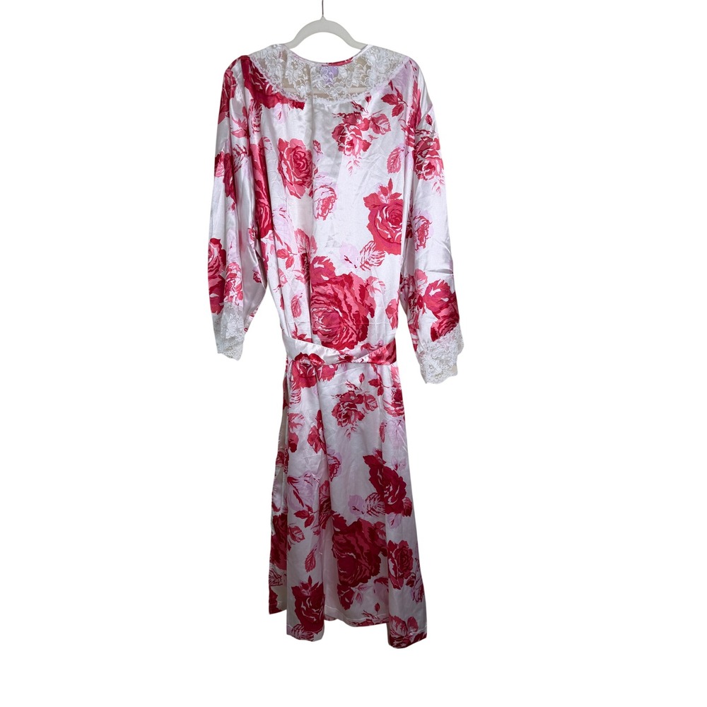 Amoureuse Women 4X Pink Rose Floral Satin Robe Lace Trim Long Nightwear 34/36 - Picture 6 of 6